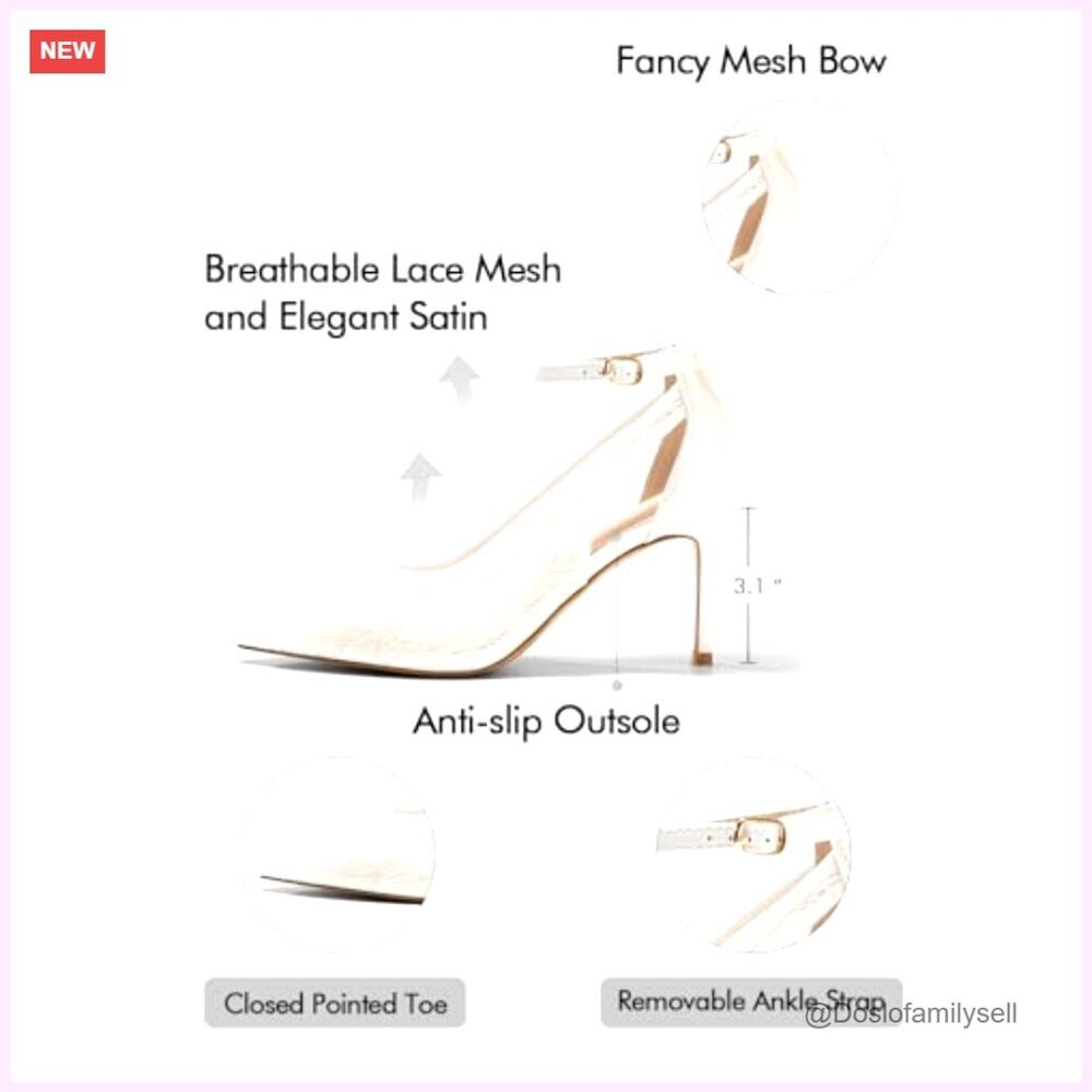 Lace Stiletto Pumps with Bow Ankle Strap Wedding Dress Shoes - Picture 5 of 6
